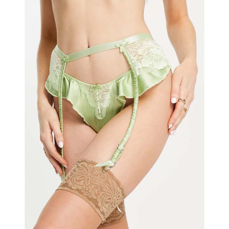 ASOS DESIGN Jemma lace and satin ruched suspender belt in sage ASOS