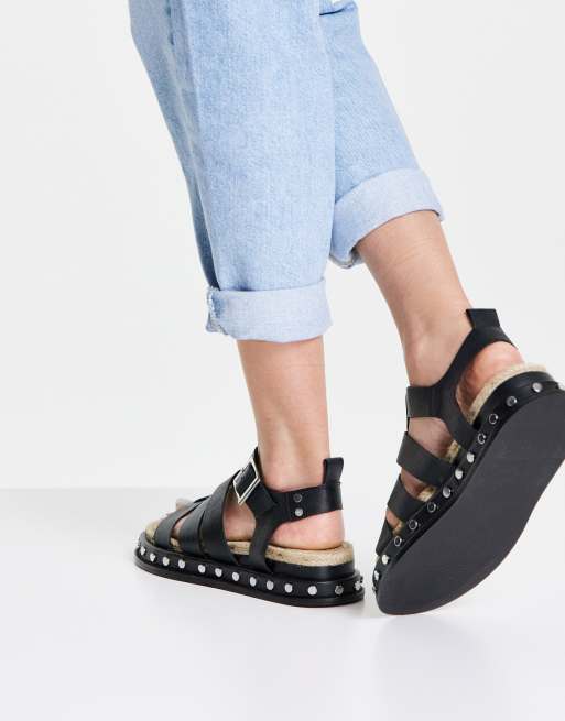 ASOS DESIGN Jen premium leather fisherman espadrilles in black, 2 of 4