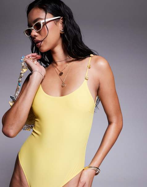 ASOS DESIGN Jen swimsuit with flower trim detail in yellow - view 1