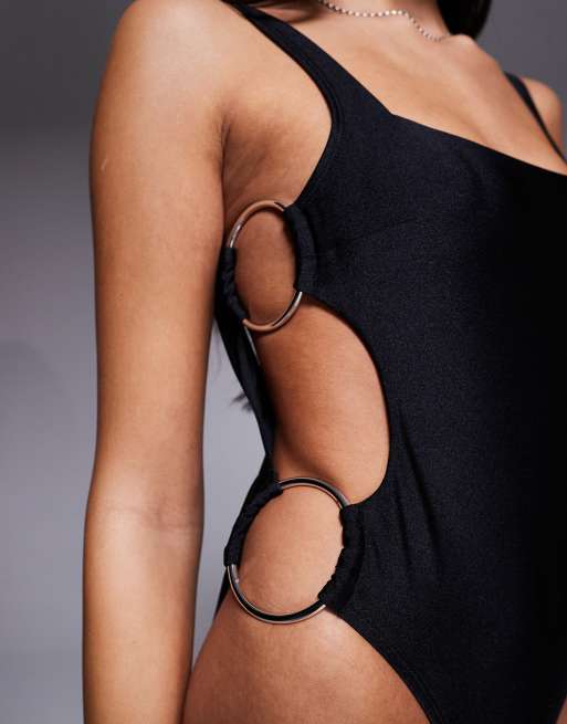 ASOS DESIGN Jenny cut out swimsuit with jumbo rings in black, 4 of 4