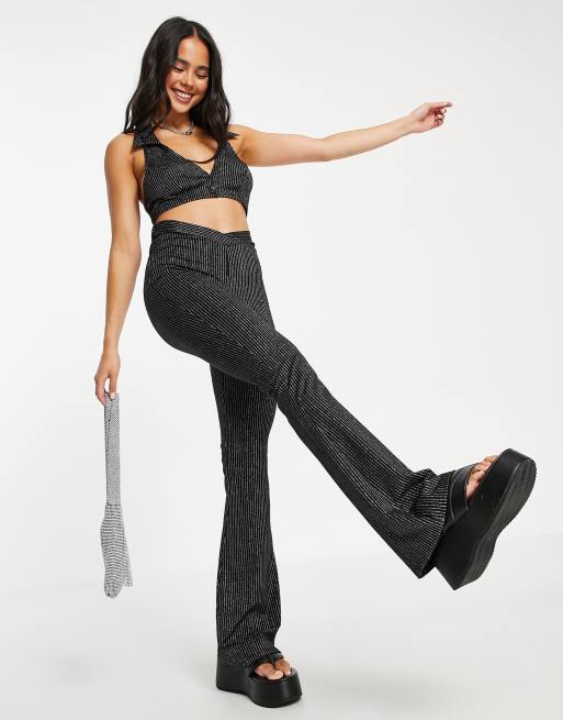 ASOS DESIGN jersey 90s festival V waist flare pant in glitter pinstripe