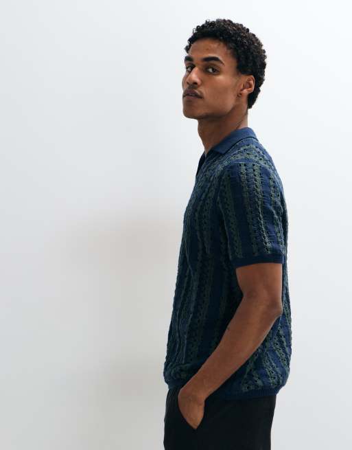 ASOS DESIGN - Jersey a rayas azul marino y verdes extragrande con muesca en el cuello de punto texturizado, 3 de 5