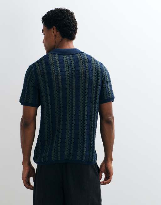 ASOS DESIGN - Jersey a rayas azul marino y verdes extragrande con muesca en el cuello de punto texturizado, 4 de 5