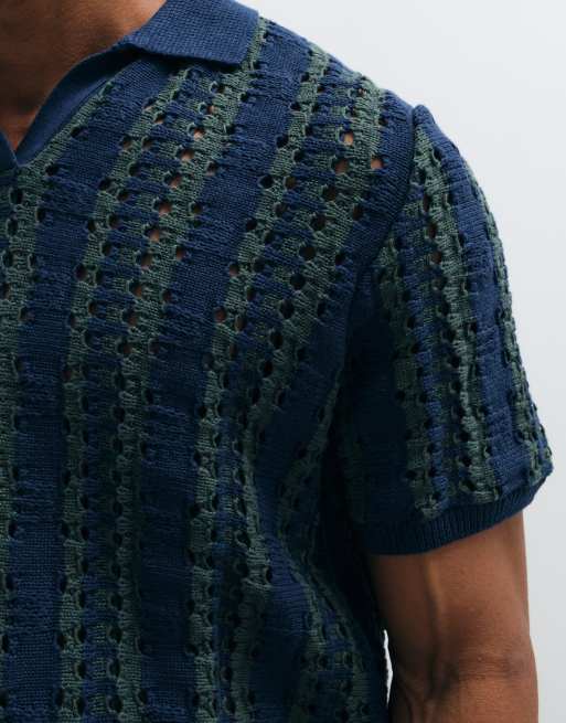ASOS DESIGN - Jersey a rayas azul marino y verdes extragrande con muesca en el cuello de punto texturizado, 5 de 5