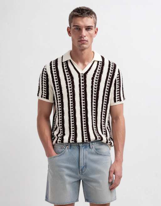 ASOS DESIGN - Jersey a rayas color crudo extragrande con muesca en el cuello de punto texturizado, 6 de 10