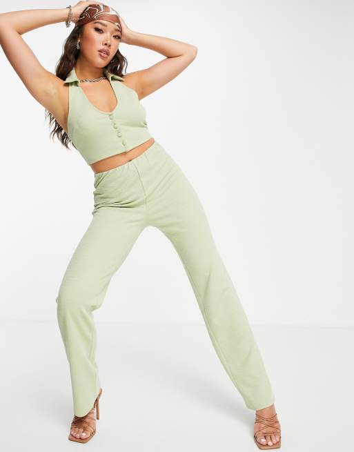 ASOS DESIGN – Jersey-Anzughose im Leinen-Look in Salbeigrün mit geradem Schnitt, Kombiteil, 4 von 4