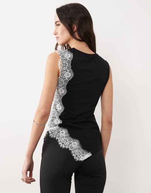 ASOS DESIGN jersey asymmetric top with white lace detail in black, 2 of 4
