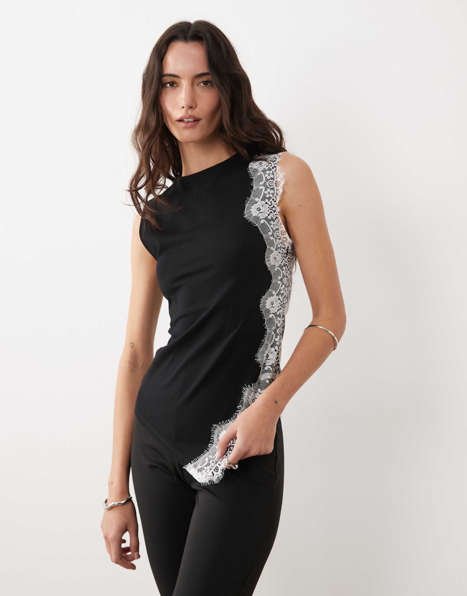 asos design jersey asymmetric top with white lace detailing in black