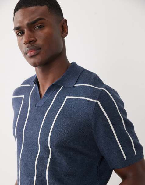 ASOS DESIGN - Jersey azul marino holgado con muesca y estampado gráfico lineal de punto - view 1