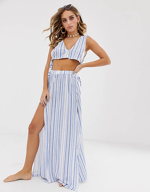 ASOS DESIGN jersey beach maxi skirt with splits in stripe two-piece