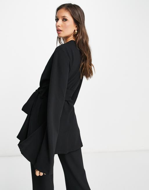 ASOS DESIGN jersey belted collarless suit blazer in black | ASOS