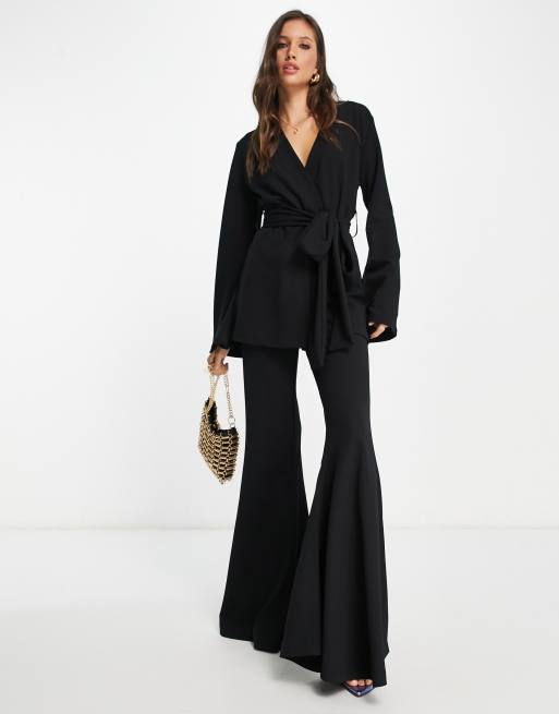 ASOS DESIGN jersey belted collarless suit blazer in black | ASOS