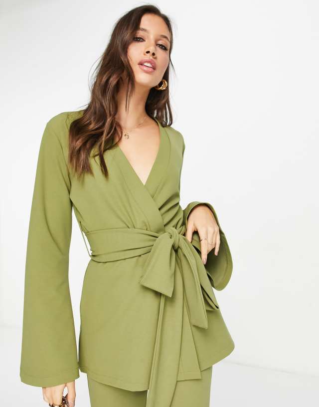 ASOS DESIGN jersey belted collarless suit blazer in sage