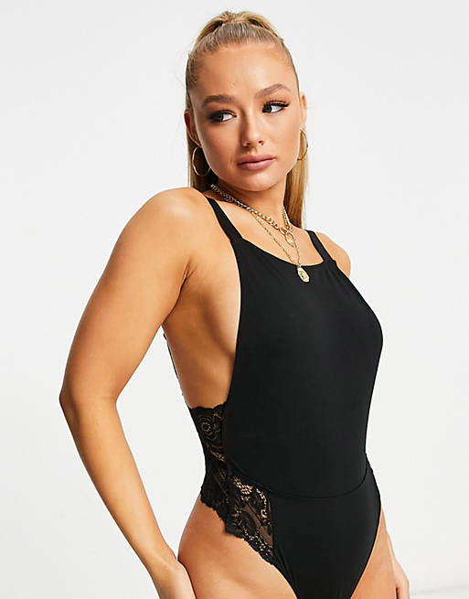 ASOS DESIGN jersey bodysuit with low back and lace in black