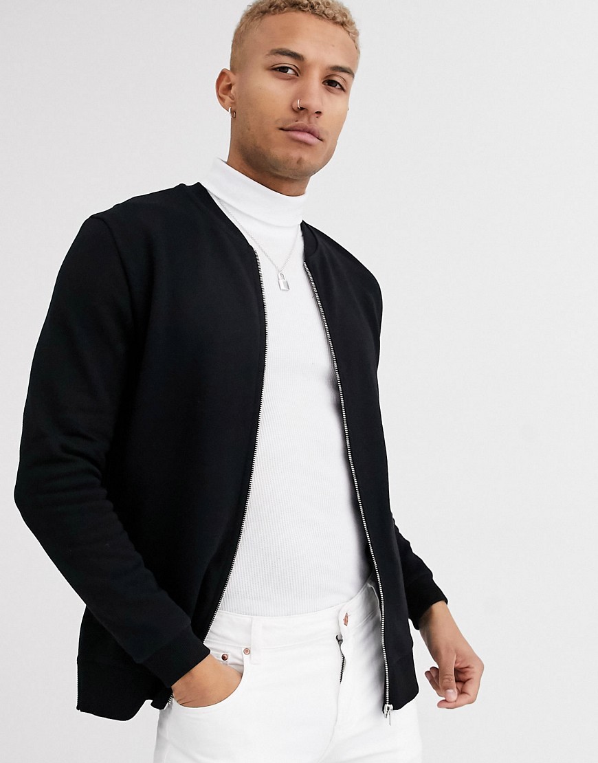 ASOS DESIGN jersey bomber jacket in black with side zips