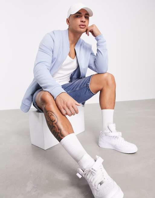 ASOS DESIGN jersey bomber jacket in blue