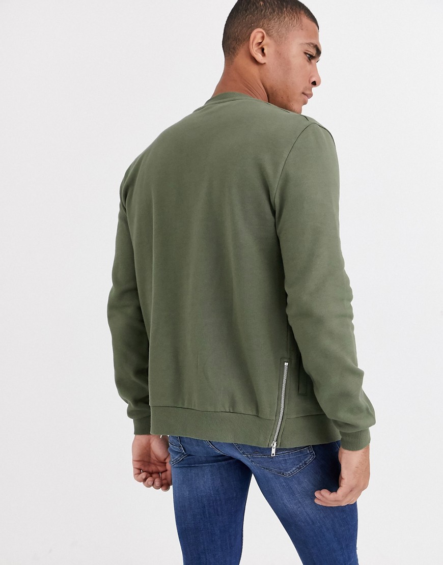 ASOS DESIGN jersey bomber jacket in khaki with side zips-Green