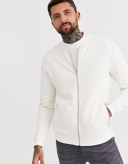ASOS DESIGN jersey bomber jacket in off white with silver zip pockets