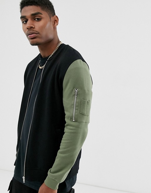 ASOS DESIGN jersey bomber jacket with contrast sleeves and MA1 pocket