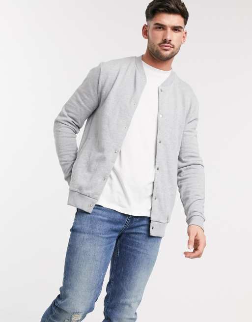 ASOS DESIGN jersey bomber jacket with poppers in grey