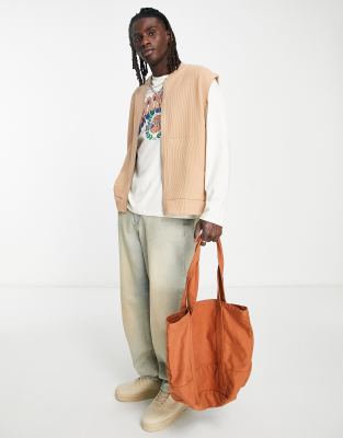Asos Design Jersey Bomber Vest In Beige-brown
