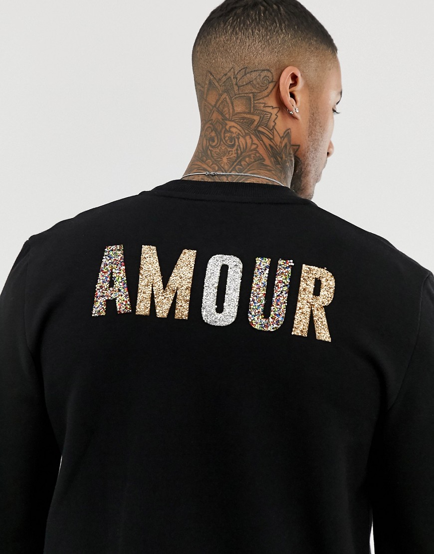 ASOS DESIGN - Jersey bomberjack met Amour-print in glitter op de achterkant-Zwart