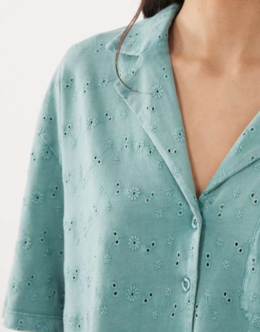 ASOS DESIGN jersey broderie collared button down shirt in washed blue, 3 of 4