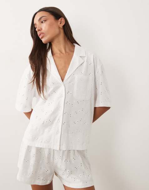 ASOS DESIGN Jersey broderie collared button down shirt in white - view 1