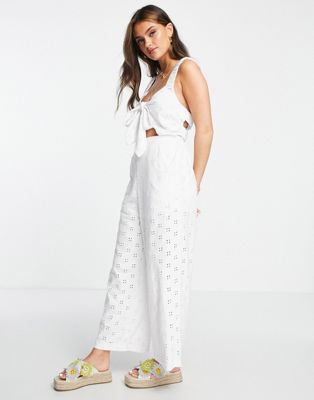 ASOS DESIGN jersey broderie elasticated back jumpsuit in white