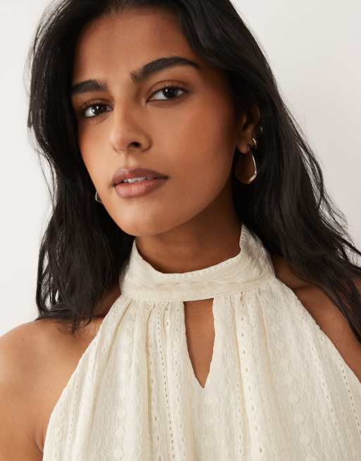 ASOS DESIGN jersey broderie halter mini dress in cream, 3 of 4