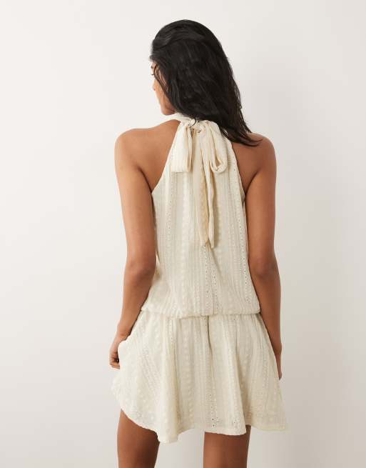 ASOS DESIGN jersey broderie halter mini dress in cream, 4 of 4