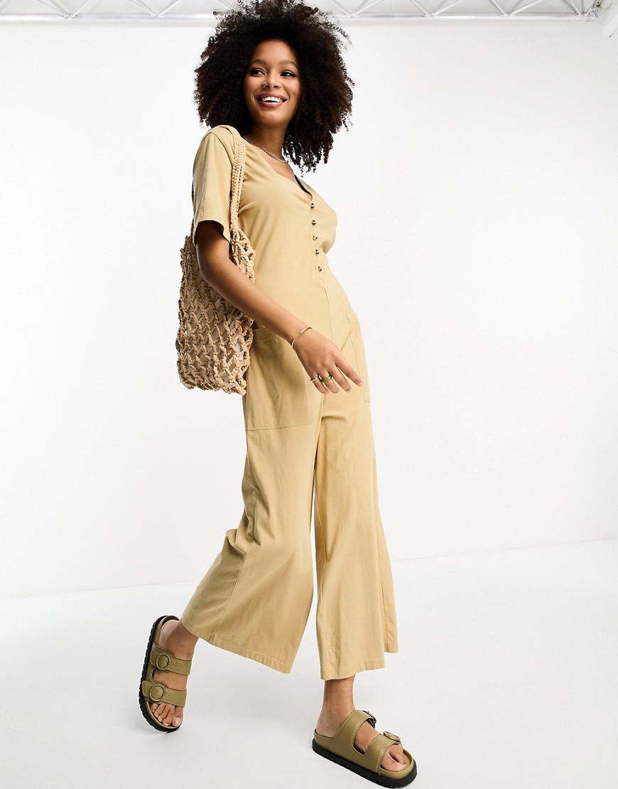 ASOS DESIGN jersey button front chuck on jumpsuit in mocha-Brown