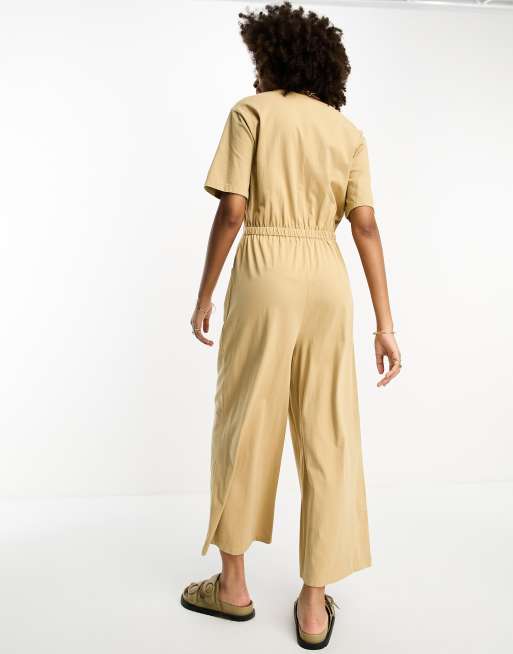 ASOS DESIGN jersey button up throw on jumpsuit in mocha