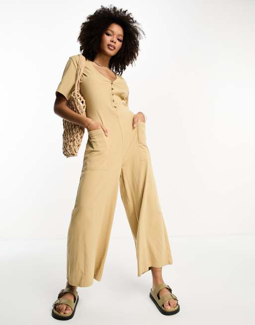 ASOS DESIGN jersey button up throw on jumpsuit in mocha