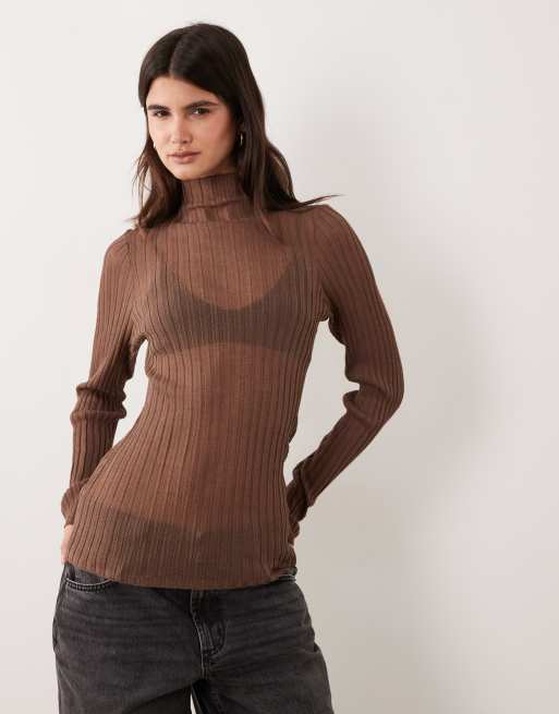 ASOS DESIGN - jersey calado plisado de manga larga con cuello alzado en marrón, 2 de 4
