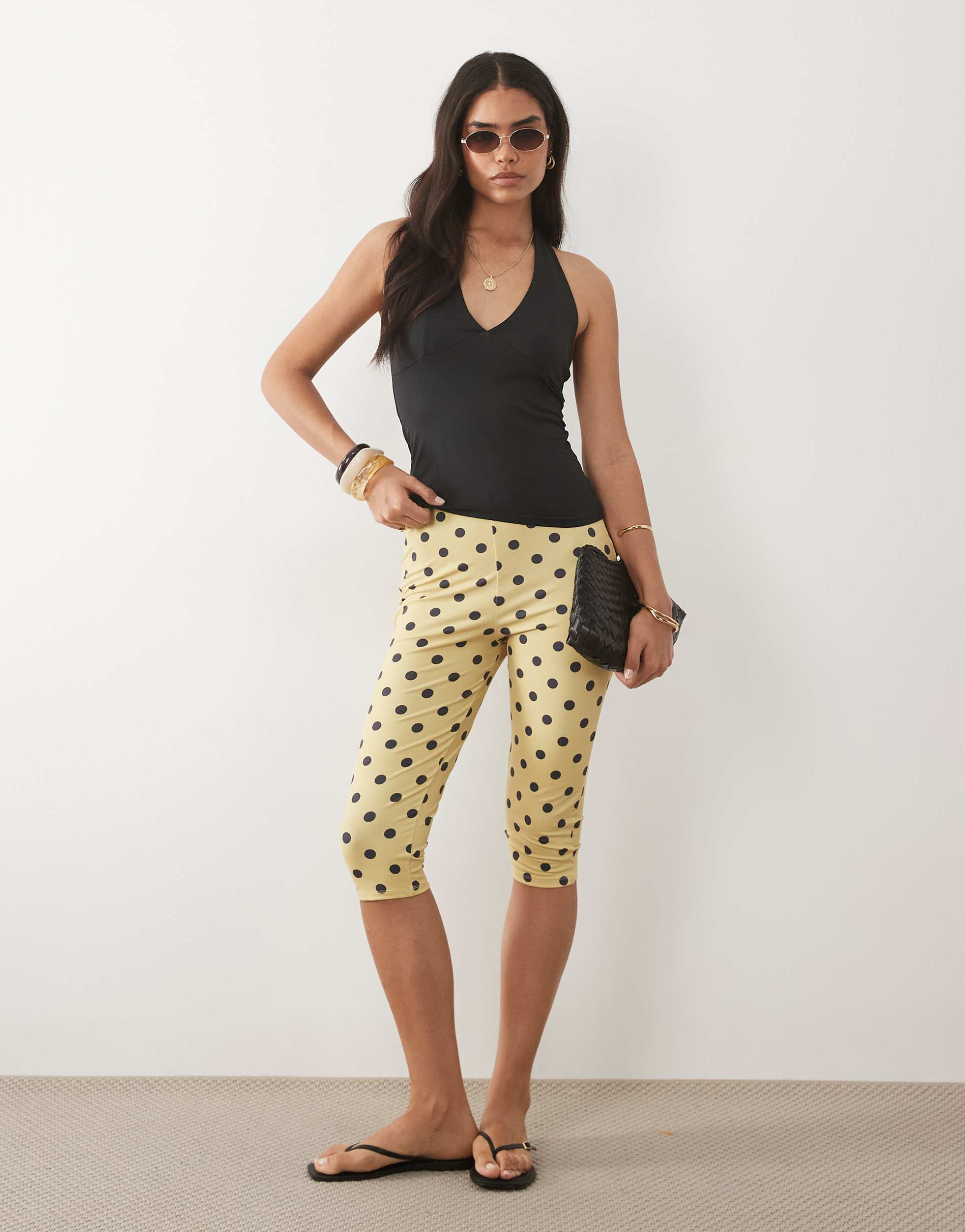 asos design jersey capri leggings in yellow polka dot print