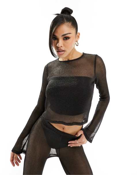 Women's Long Sleeve Short Sleeve Glitter Sheer Mesh Tops T Shirt