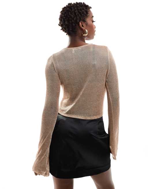 ASOS DESIGN jersey chainmail long sleeve top in gold , 4 of 4