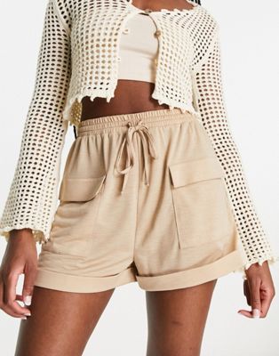 ASOS DESIGN jersey cheesecloth pocket front shorts in stone - ASOS Price Checker