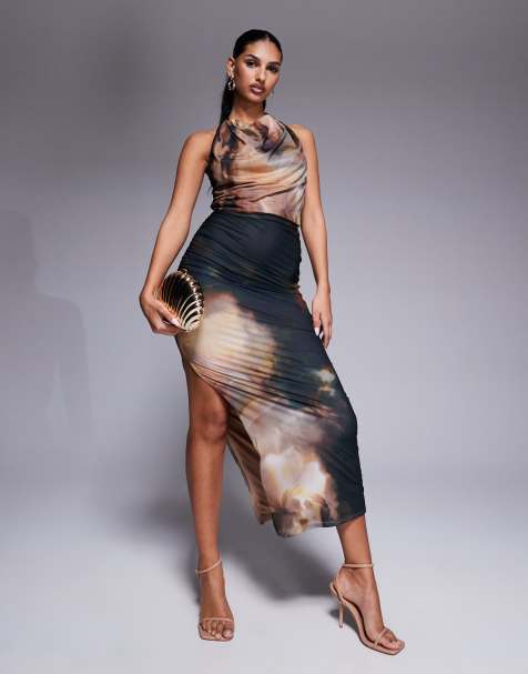 ASOS DESIGN jersey chiffon high neck cowl neck midi dress in yellow abstract print - view 1