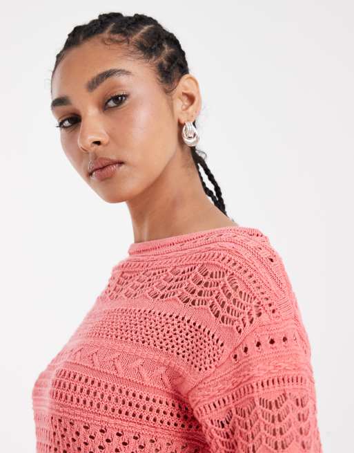 ASOS DESIGN - Jersey color coral con cuello barco de croché, 3 de 4