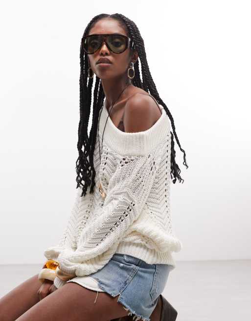 ASOS DESIGN - Jersey color crema de corte suelto con escote Bardot