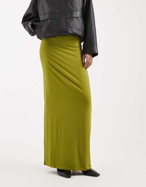 ASOS DESIGN jersey column maxi skirt in olive, 2 of 5