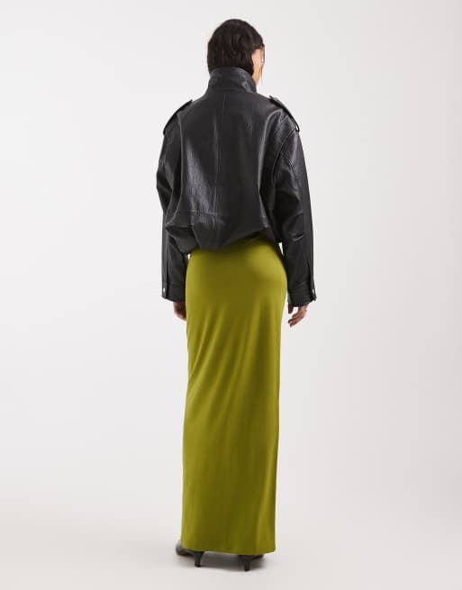 ASOS DESIGN jersey column maxi skirt in olive, 4 of 5