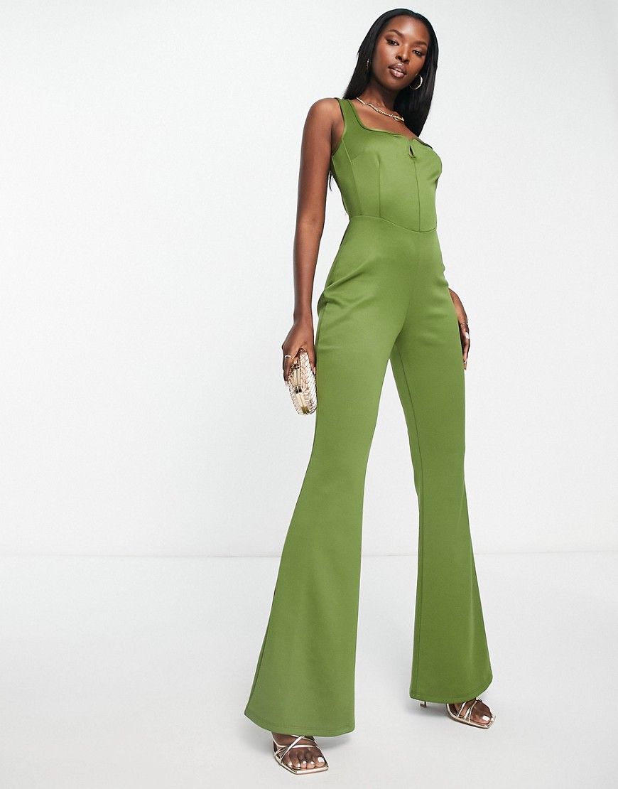 ASOS DESIGN jersey corset detail jumpsuit with flare leg in khaki-Green