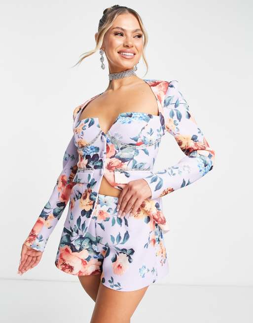 ASOS DESIGN jersey corset suit with diamante detail in floral print, 2 of 2