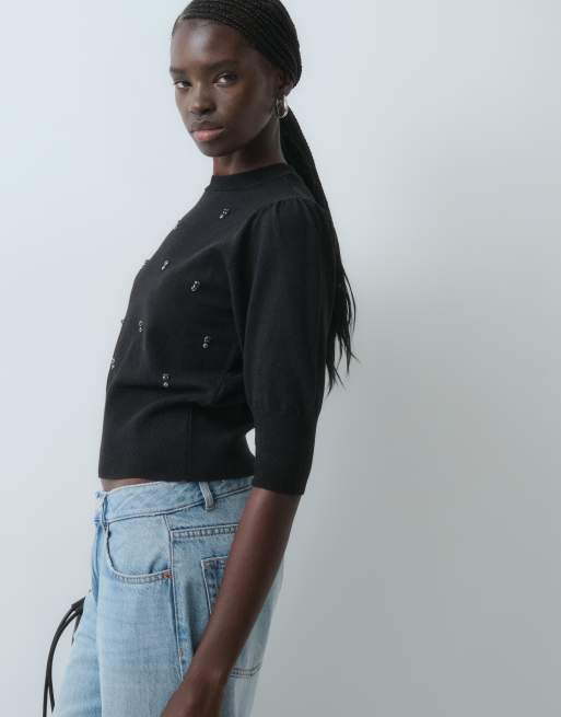 ASOS DESIGN jersey corto de manga abullonada en negro, 4 de 5