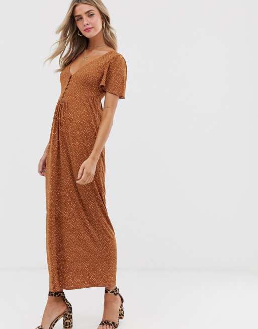 ASOS DESIGN jersey crepe maxi tea dress with self covered buttons in brown spot