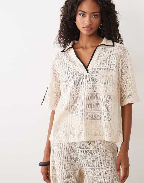 ASOS DESIGN jersey crochet oversized polo co-ord in cream - view 1
