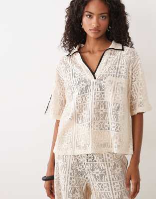 Asos Design Jersey Crochet Oversized Polo In Neutral